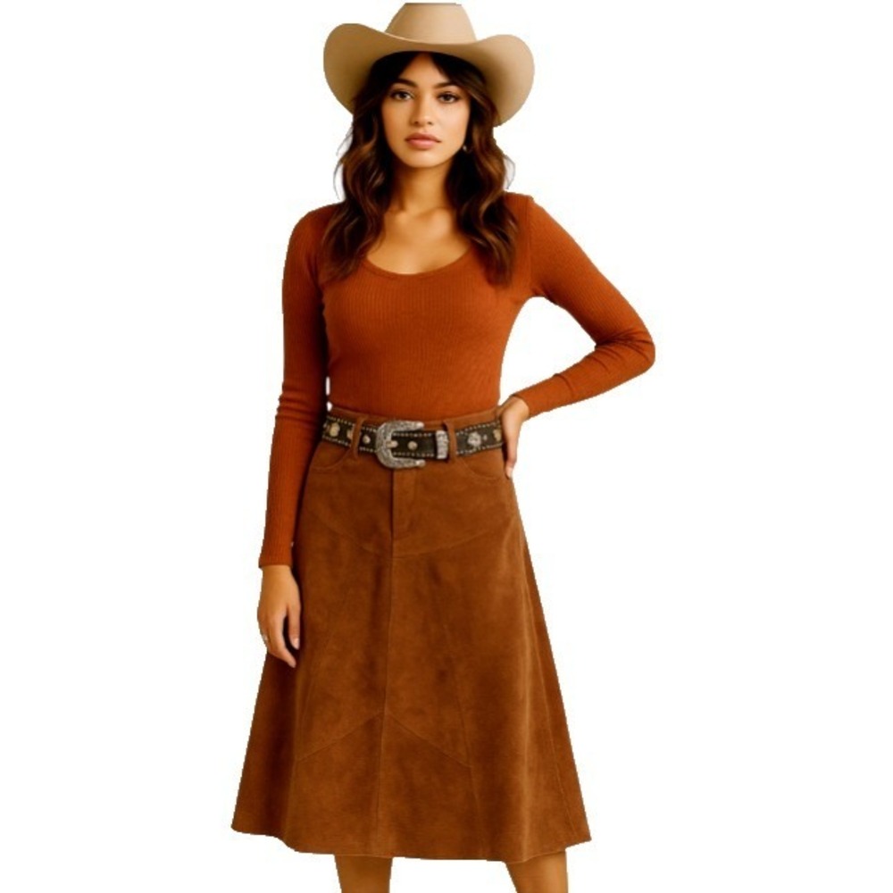 Allan Denis Women Vintage Western Brown Suede A Line Patchwork Skirt‎ 6